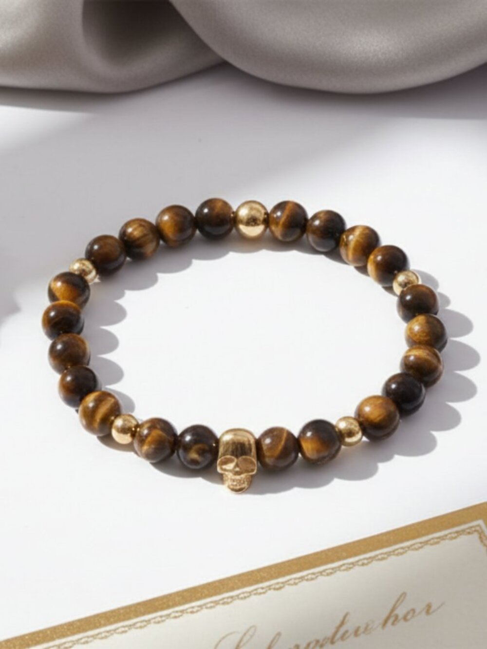 Tiger Eye Bracelet 8mm | Gold Skull Accent | Natural Stone Stretch Bracelet